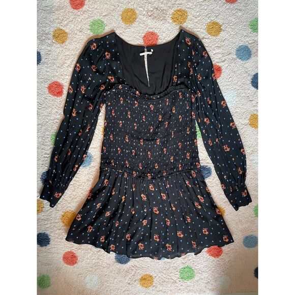 Free People Two Faces Black Smocked Mini Dress Boho Floral Romantic Size S - Picture 2 of 7